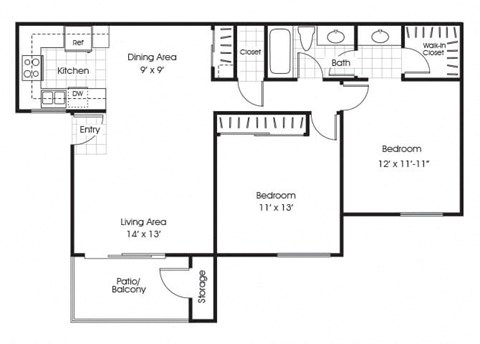 two bedroom one bathroom floor plan at belmont